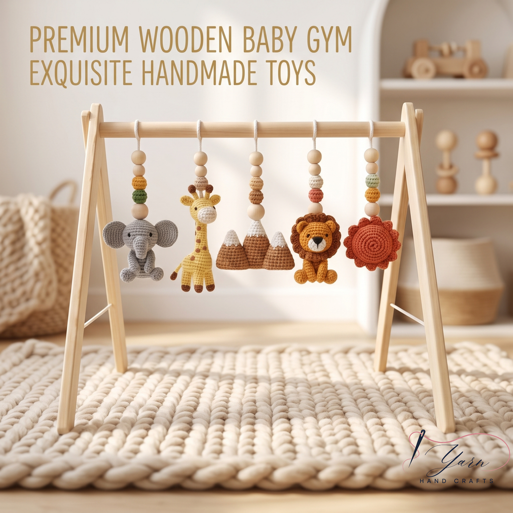 Handmade Custom Safari Baby Gym | Personalized Wooden Play Gym with Crochet Hanging Toys | Neutral Nursery Decor