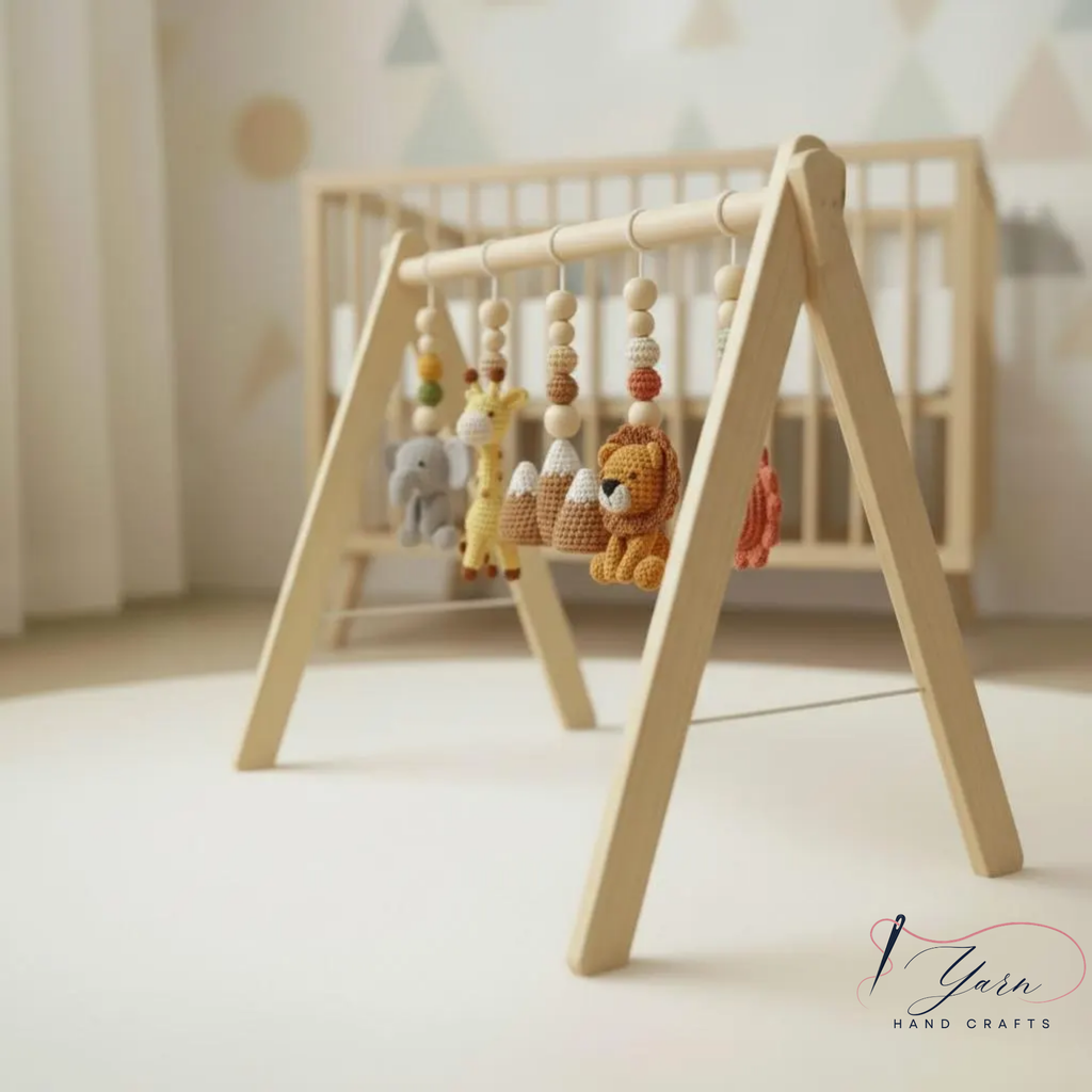 Handmade Custom Safari Baby Gym | Personalized Wooden Play Gym with Crochet Hanging Toys | Neutral Nursery Decor