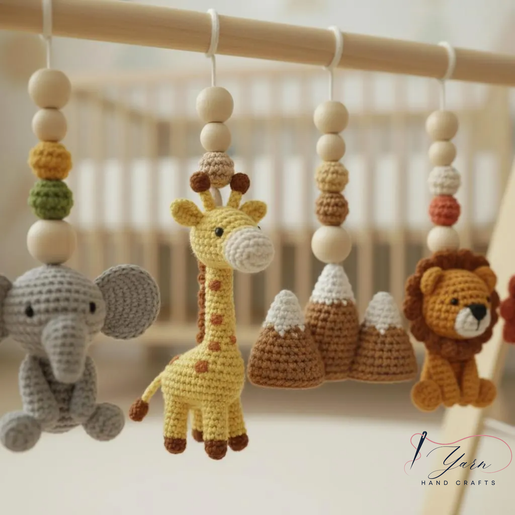 Handmade Custom Safari Baby Gym | Personalized Wooden Play Gym with Crochet Hanging Toys | Neutral Nursery Decor
