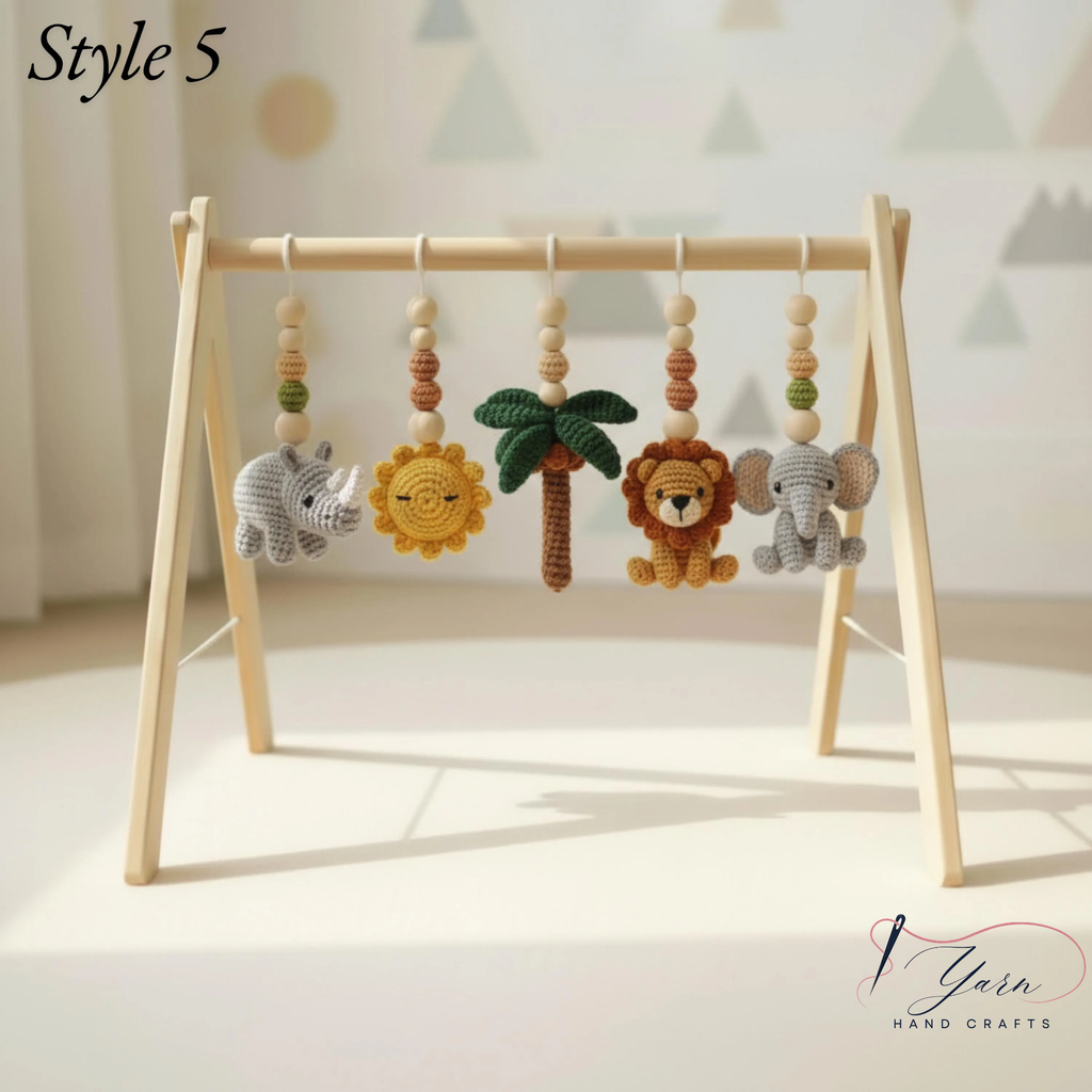 Handmade Custom Safari Baby Gym | Personalized Wooden Play Gym with Crochet Hanging Toys | Neutral Nursery Decor