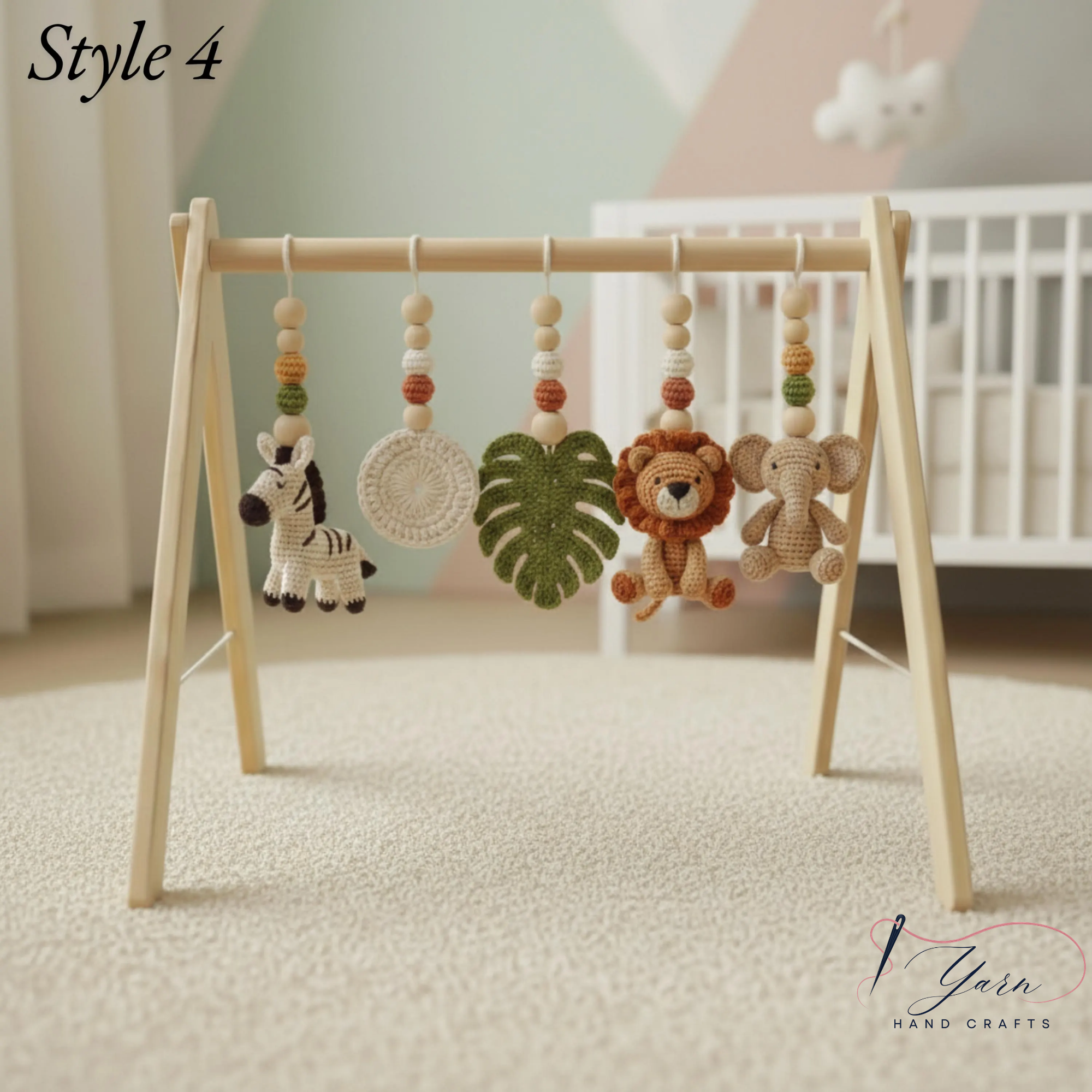 Handmade Custom Safari Baby Gym | Personalized Wooden Play Gym with Crochet Hanging Toys | Neutral Nursery Decor