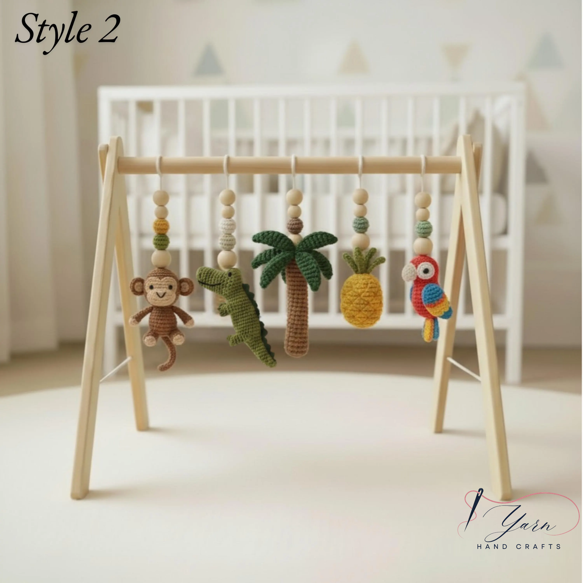 Handmade Custom Safari Baby Gym | Personalized Wooden Play Gym with Crochet Hanging Toys | Neutral Nursery Decor