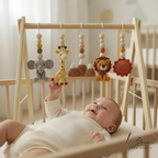 Handmade Custom Safari Baby Gym | Personalized Wooden Play Gym with Crochet Hanging Toys | Neutral Nursery Decor
