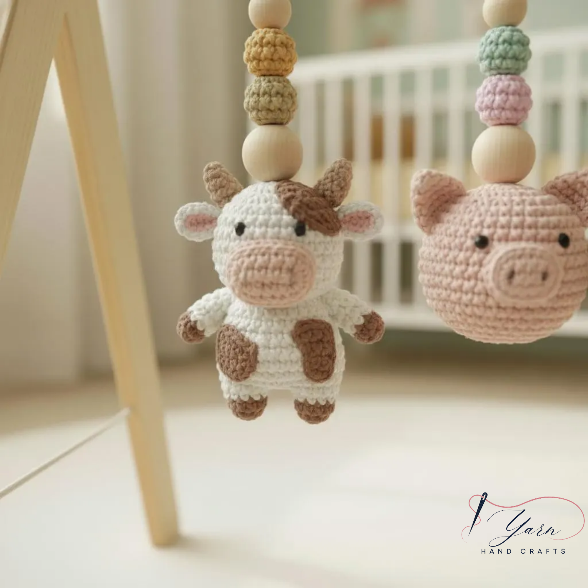 Montessori Baby Gym Farm Animals, Wooden Baby Play Gym with Crochet Cow Pig Tractor, Farm Nursery Decor, Neutral Baby Gift, Infant Sensory Toy