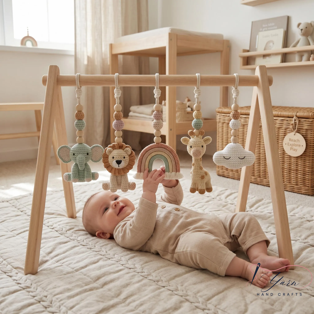Rainbow Safari Baby Gym, Personalized Wooden Play Gym, Crochet Jungle Animals & Rainbow, Montessori Activity Gym, Gender Neutral Nursery