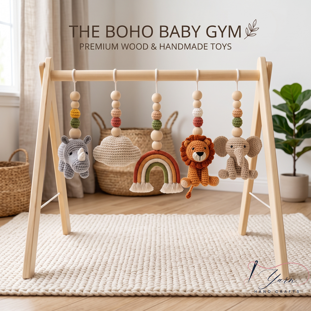 Rainbow Safari Baby Gym, Personalized Wooden Play Gym, Crochet Jungle Animals & Rainbow, Montessori Activity Gym, Gender Neutral Nursery