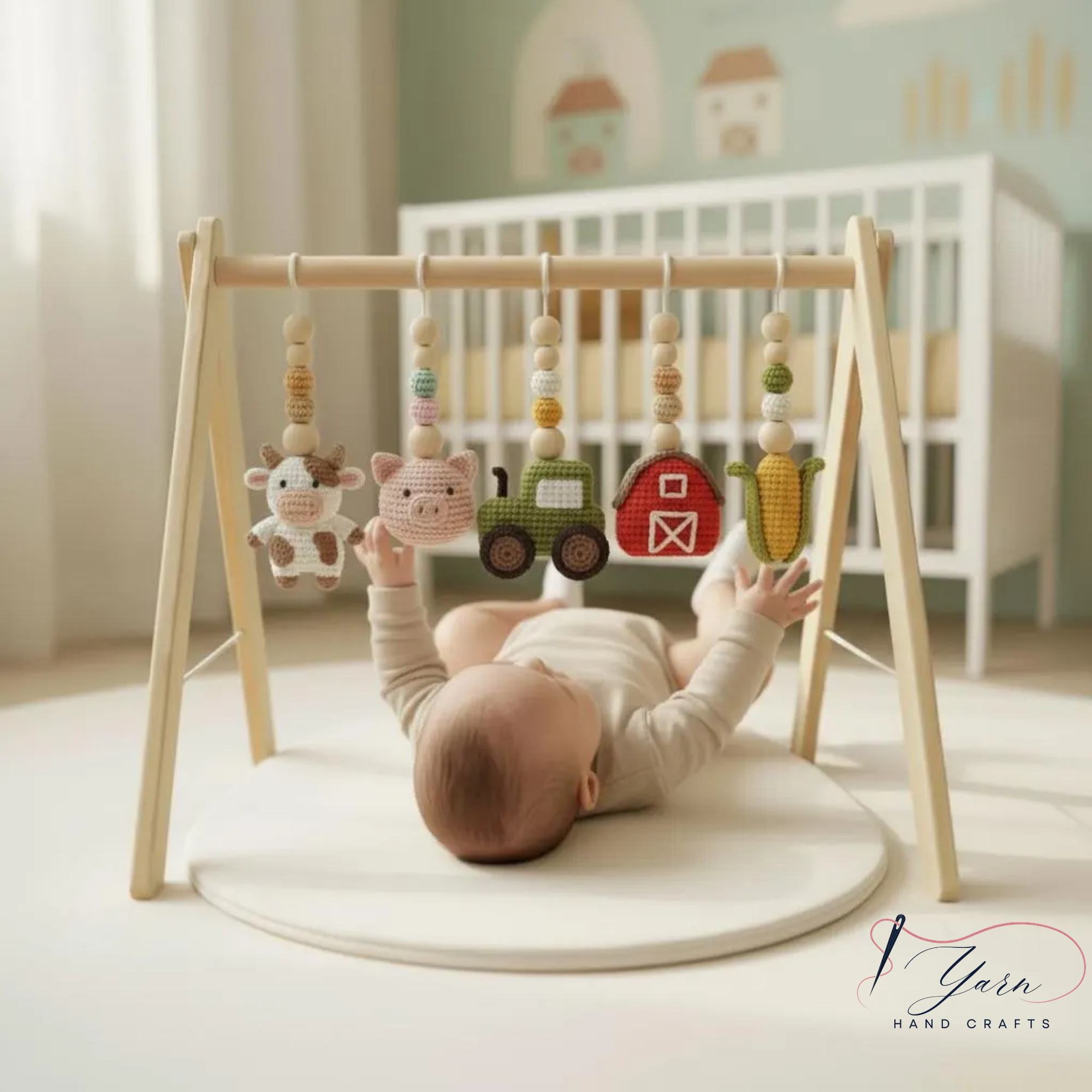 Montessori Baby Gym Farm Animals, Wooden Baby Play Gym with Crochet Cow Pig Tractor, Farm Nursery Decor, Neutral Baby Gift, Infant Sensory Toy