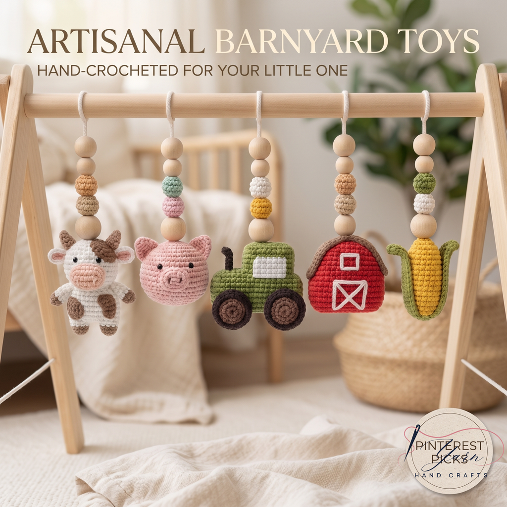 Montessori Baby Gym Farm Animals, Wooden Baby Play Gym with Crochet Cow Pig Tractor, Farm Nursery Decor, Neutral Baby Gift, Infant Sensory Toy