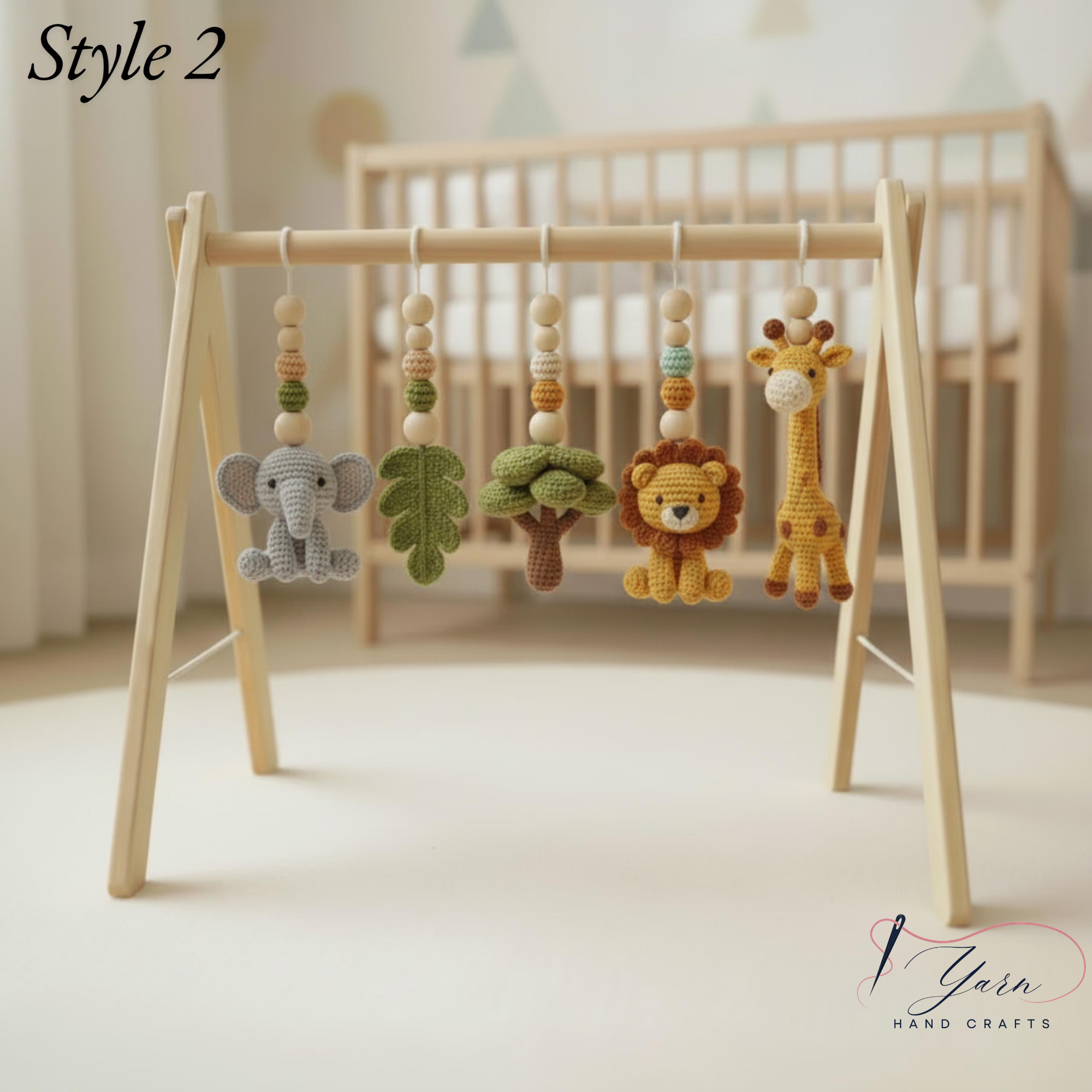Safari Baby Gym Wooden Play Gym with Crochet Elephant Zebra Lion Giraffe | Montessori Baby Activity Gym | Jungle Nursery Decor | Baby Gift