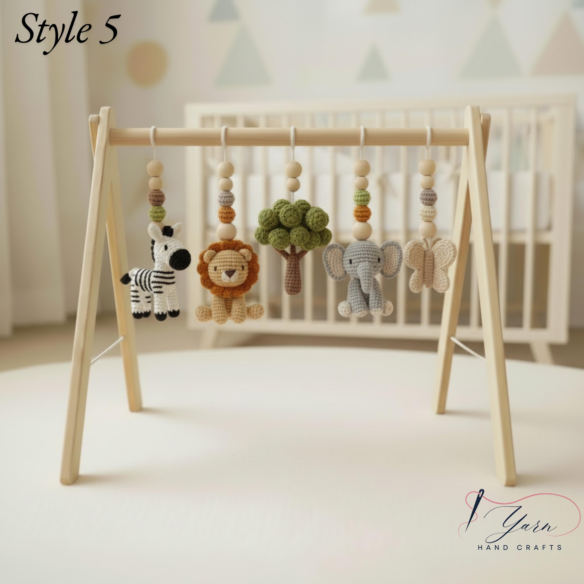 Safari Baby Gym Wooden Play Gym with Crochet Elephant Zebra Lion Giraffe | Montessori Baby Activity Gym | Jungle Nursery Decor | Baby Gift