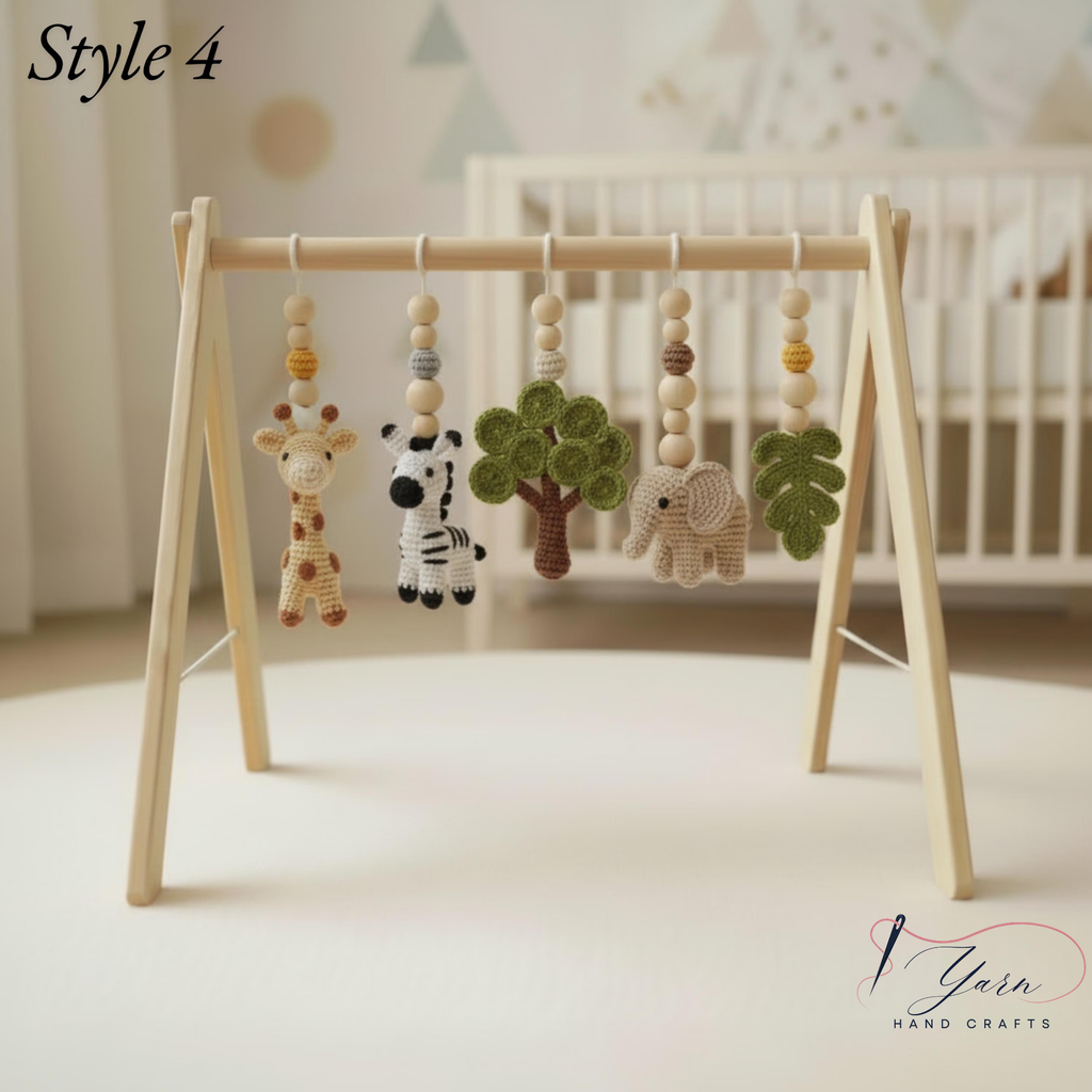 Safari Baby Gym Wooden Play Gym with Crochet Elephant Zebra Lion Giraffe | Montessori Baby Activity Gym | Jungle Nursery Decor | Baby Gift