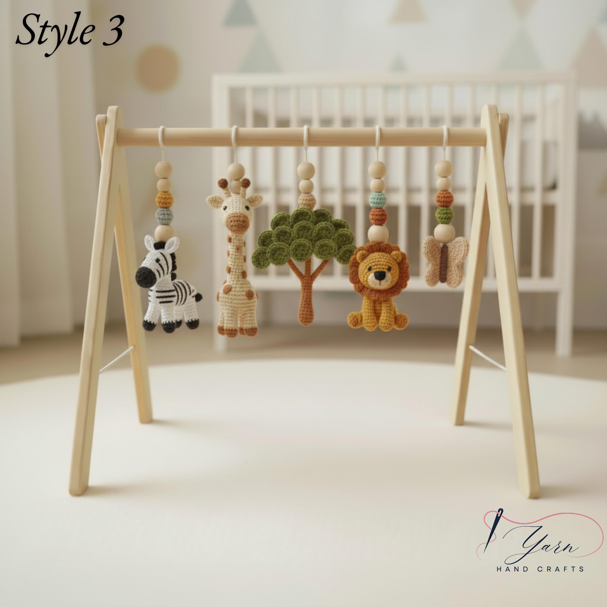 Safari Baby Gym Wooden Play Gym with Crochet Elephant Zebra Lion Giraffe | Montessori Baby Activity Gym | Jungle Nursery Decor | Baby Gift