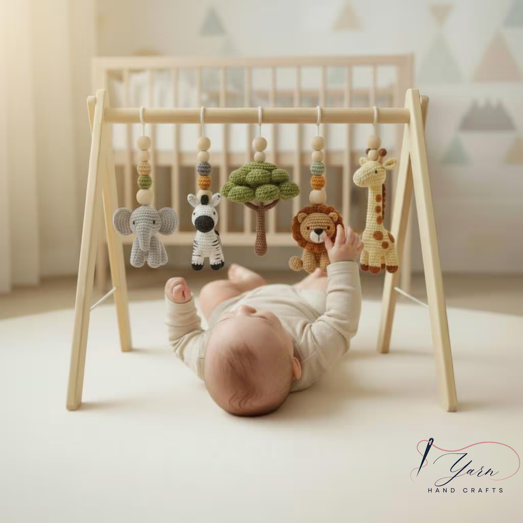 Safari Baby Gym Wooden Play Gym with Crochet Elephant Zebra Lion Giraffe | Montessori Baby Activity Gym | Jungle Nursery Decor | Baby Gift