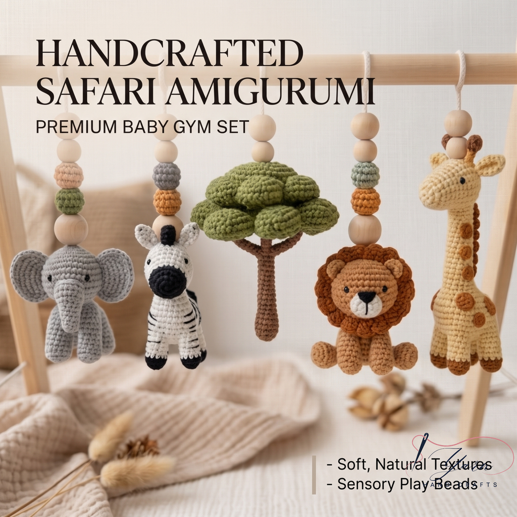 Safari Baby Gym Wooden Play Gym with Crochet Elephant Zebra Lion Giraffe | Montessori Baby Activity Gym | Jungle Nursery Decor | Baby Gift