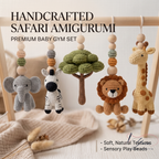 Safari Baby Gym Wooden Play Gym with Crochet Elephant Zebra Lion Giraffe | Montessori Baby Activity Gym | Jungle Nursery Decor | Baby Gift