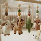 Western Baby Gym Wooden Play Gym with Crochet Cow Horse Cactus & Cowboy Boot | Montessori Baby Activity Gym | Western Nursery Decor | Baby Shower Gift
