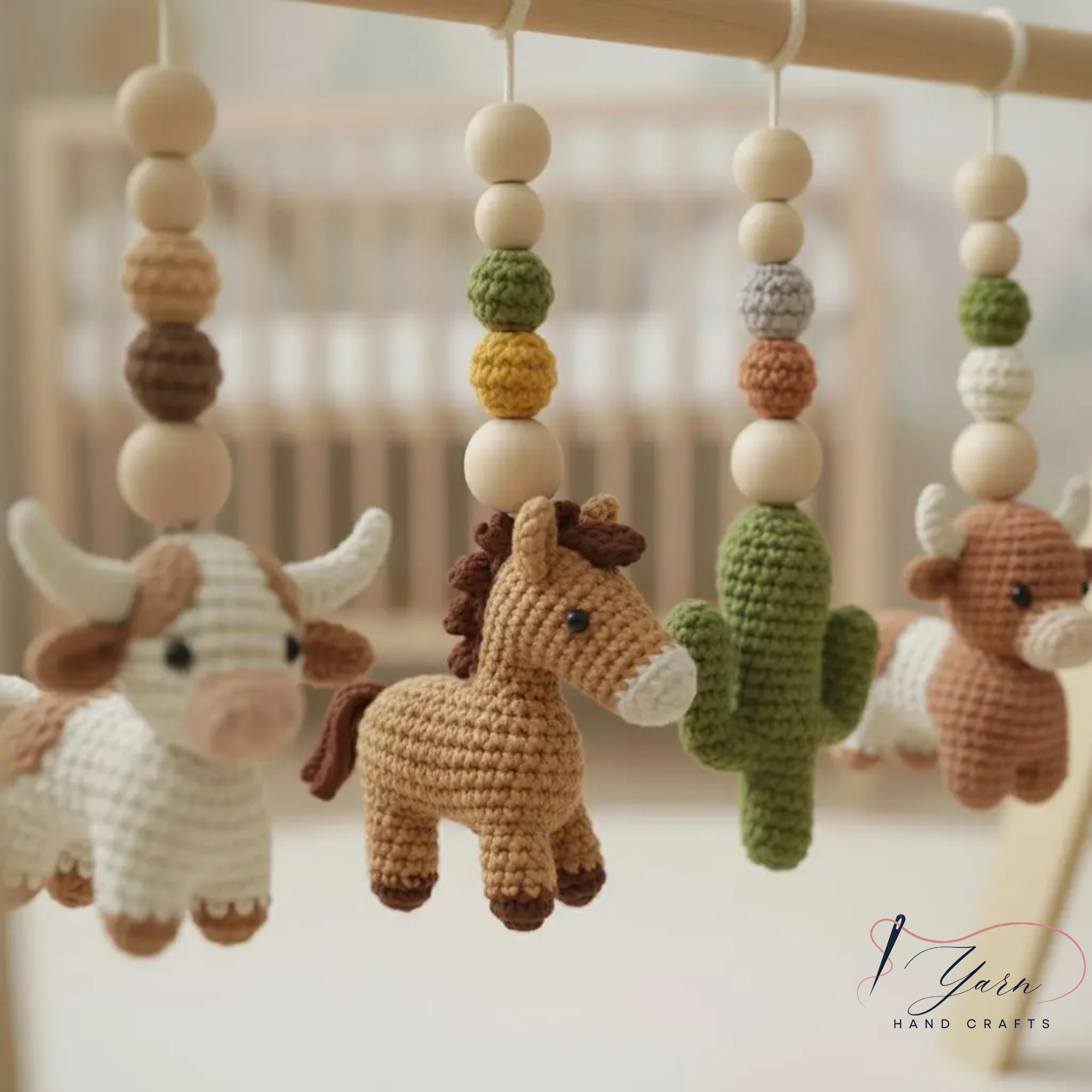 Western Baby Gym Wooden Play Gym with Crochet Cow Horse Cactus & Cowboy Boot | Montessori Baby Activity Gym | Western Nursery Decor | Baby Shower Gift