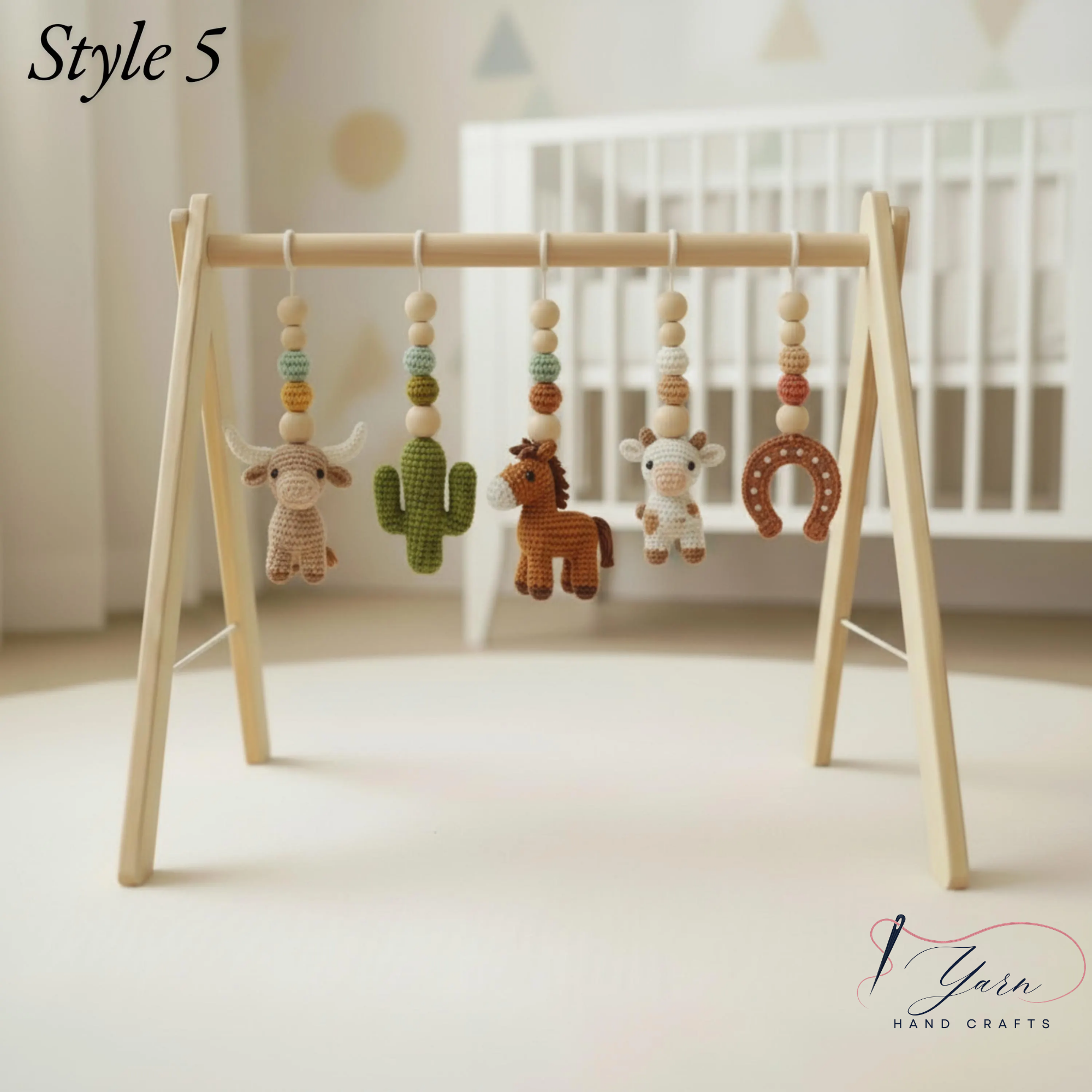 Western Baby Gym Wooden Play Gym with Crochet Cow Horse Cactus & Cowboy Boot | Montessori Baby Activity Gym | Western Nursery Decor | Baby Shower Gift