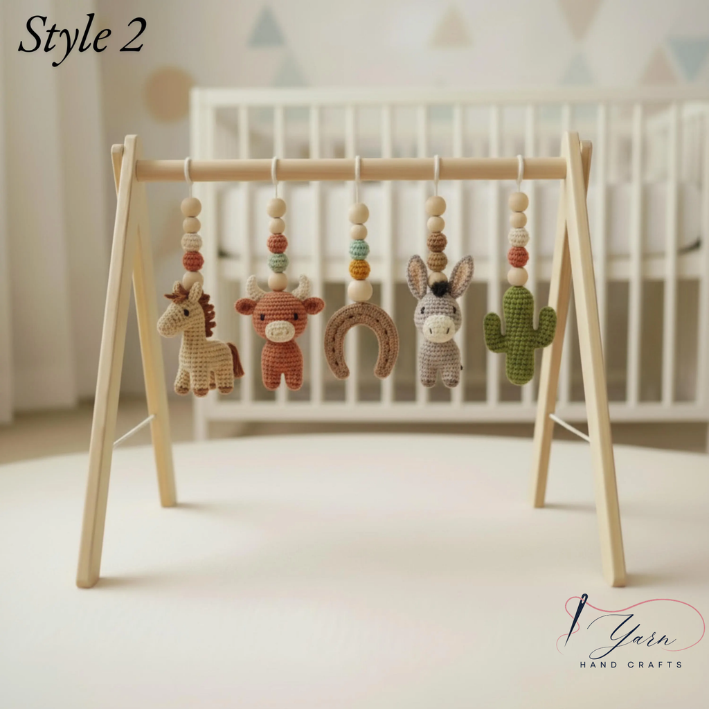 Western Baby Gym Wooden Play Gym with Crochet Cow Horse Cactus & Cowboy Boot | Montessori Baby Activity Gym | Western Nursery Decor | Baby Shower Gift