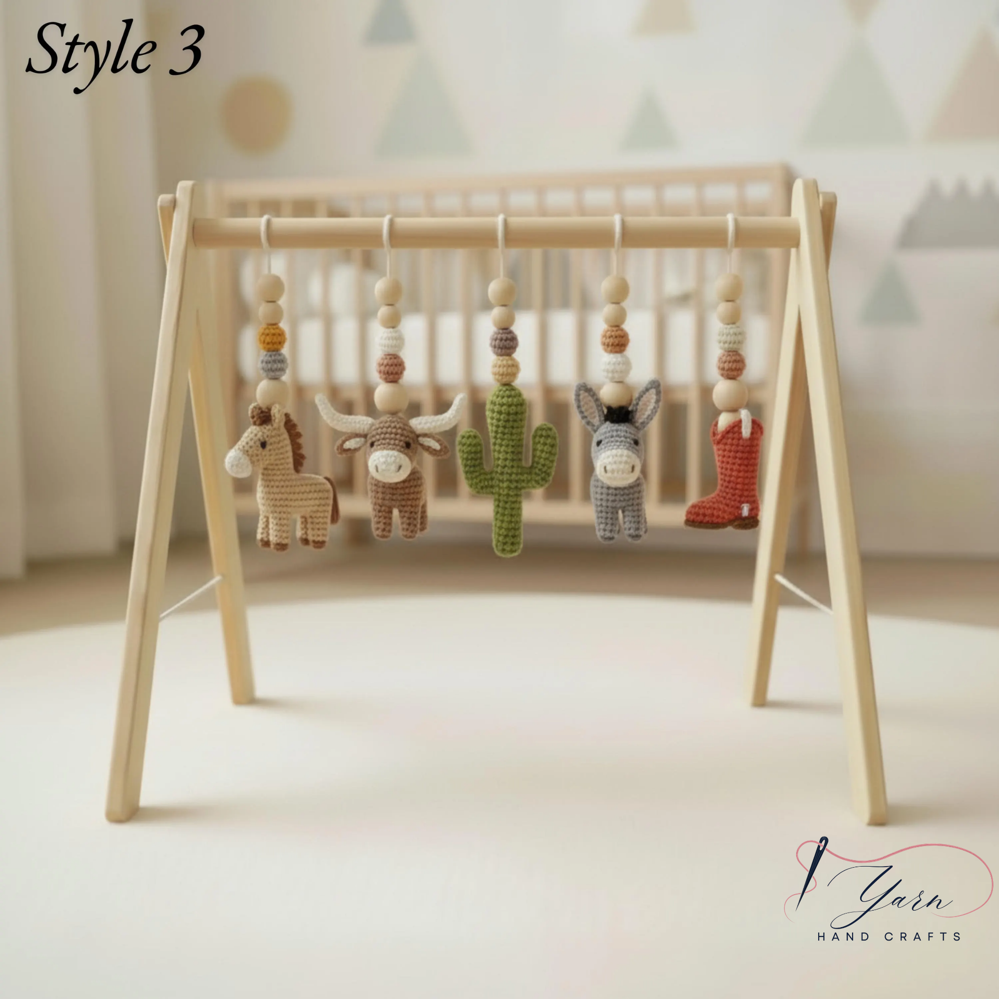 Western Baby Gym Wooden Play Gym with Crochet Cow Horse Cactus & Cowboy Boot | Montessori Baby Activity Gym | Western Nursery Decor | Baby Shower Gift