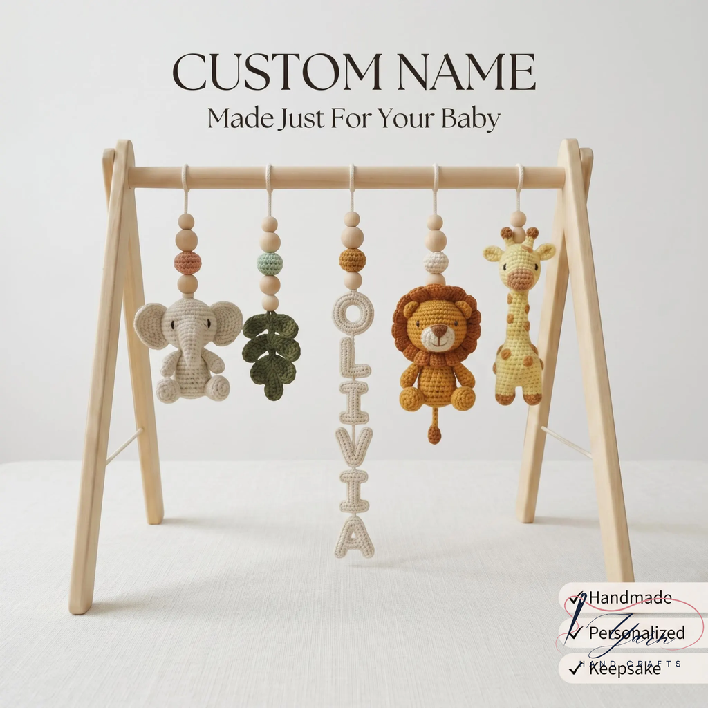 Custom Safari Baby Play Gym with Name | Handmade Wooden Montessori Baby Gym | Crochet Lion Elephant Giraffe Toys | Personalized Boho Nursery Gift