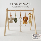 Custom Safari Baby Play Gym with Name | Handmade Wooden Montessori Baby Gym | Crochet Lion Elephant Giraffe Toys | Personalized Boho Nursery Gift