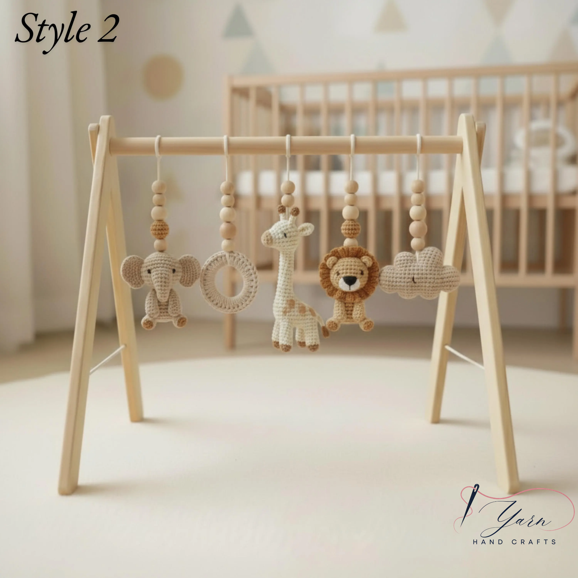 Custom Safari Baby Play Gym with Name | Handmade Wooden Montessori Baby Gym | Crochet Lion Elephant Giraffe Toys | Personalized Boho Nursery Gift