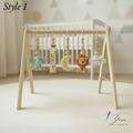 Custom Safari Baby Play Gym with Name | Handmade Wooden Montessori Baby Gym | Crochet Lion Elephant Giraffe Toys | Personalized Boho Nursery Gift
