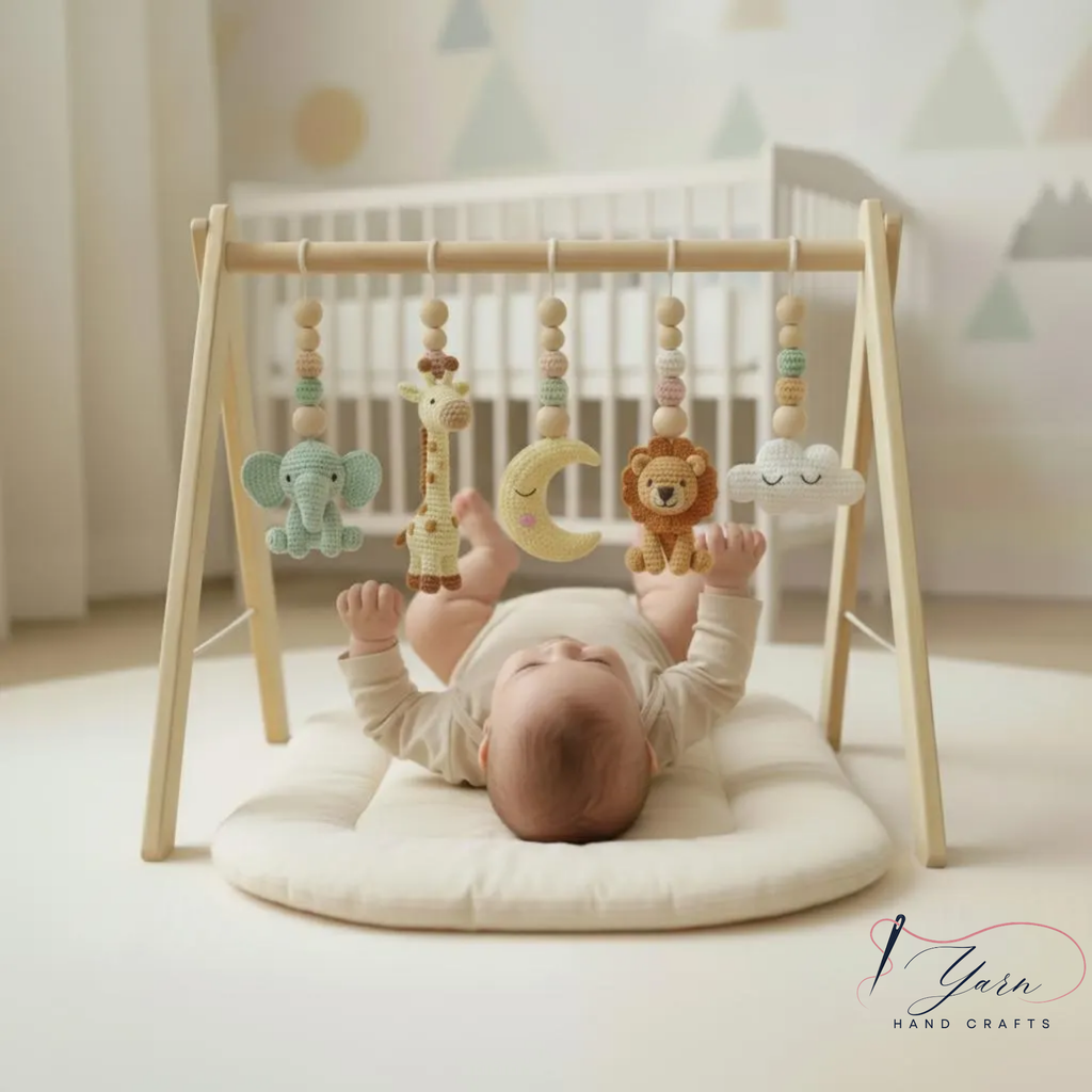 Custom Safari Baby Play Gym with Name | Handmade Wooden Montessori Baby Gym | Crochet Lion Elephant Giraffe Toys | Personalized Boho Nursery Gift