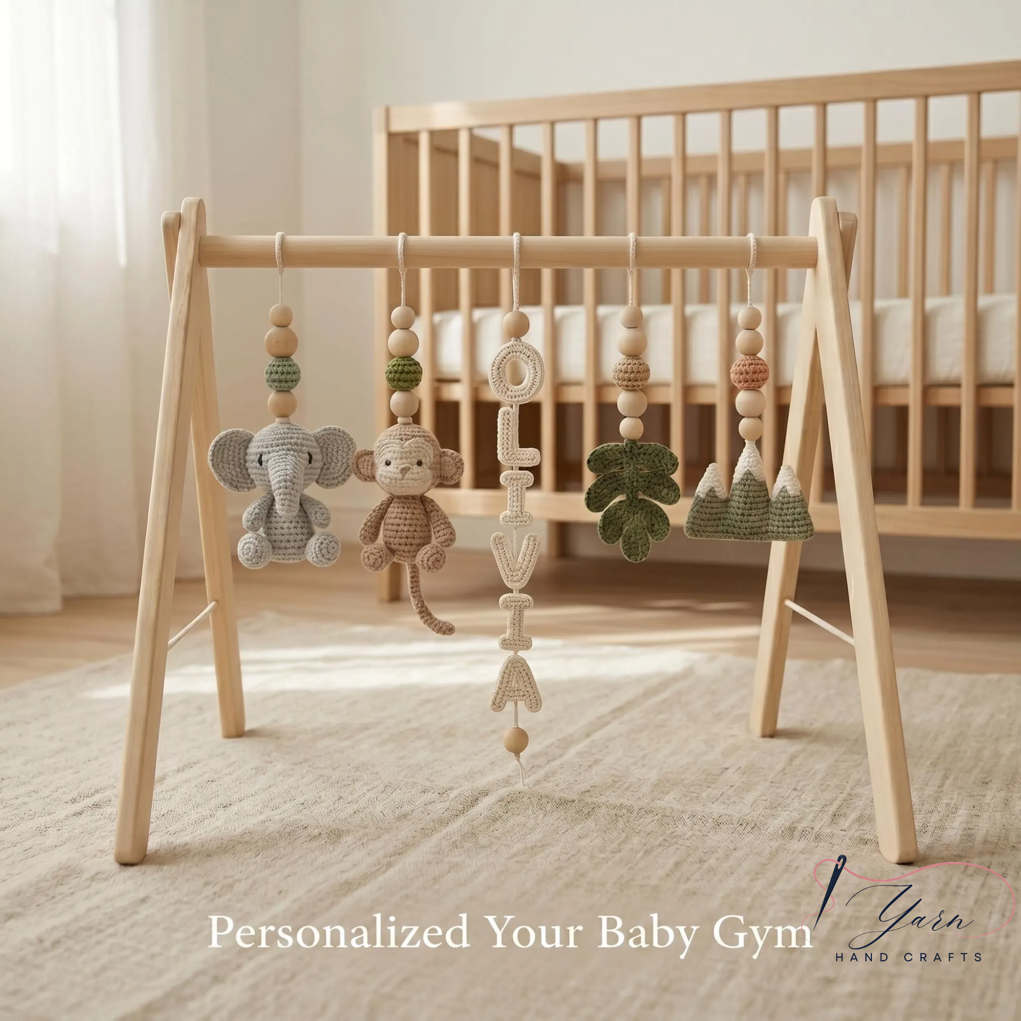 Custom Safari Baby Play Gym with Name | Handmade Wooden Montessori Baby Gym | Crochet Lion Elephant Giraffe Toys | Personalized Boho Nursery Gift