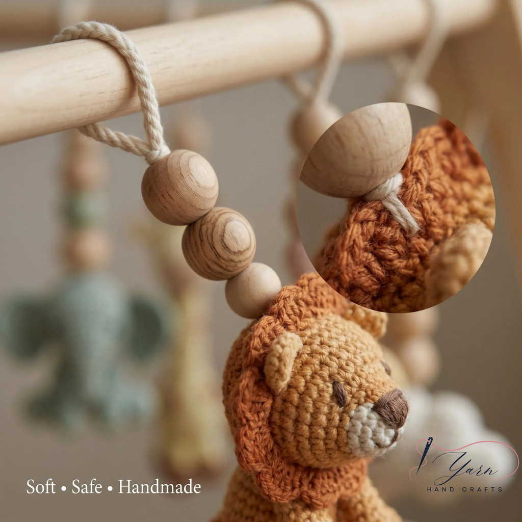 Custom Safari Baby Play Gym with Name | Handmade Wooden Montessori Baby Gym | Crochet Lion Elephant Giraffe Toys | Personalized Boho Nursery Gift