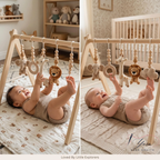 Custom Safari Baby Play Gym with Name | Handmade Wooden Montessori Baby Gym | Crochet Lion Elephant Giraffe Toys | Personalized Boho Nursery Gift
