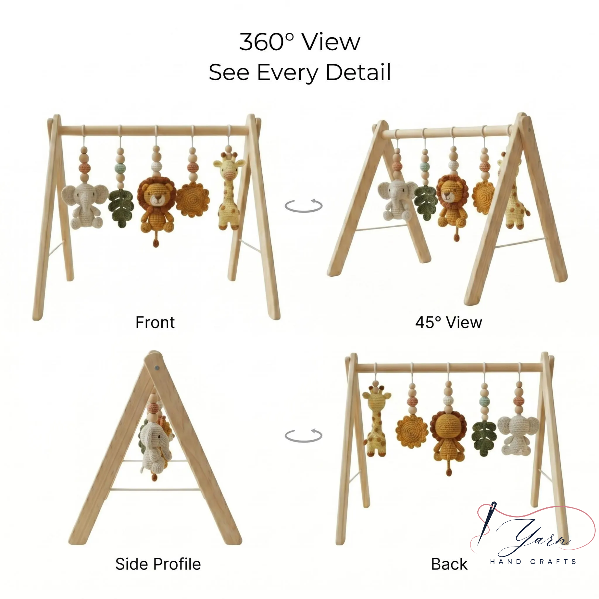 Custom Safari Baby Play Gym with Name | Handmade Wooden Montessori Baby Gym | Crochet Lion Elephant Giraffe Toys | Personalized Boho Nursery Gift