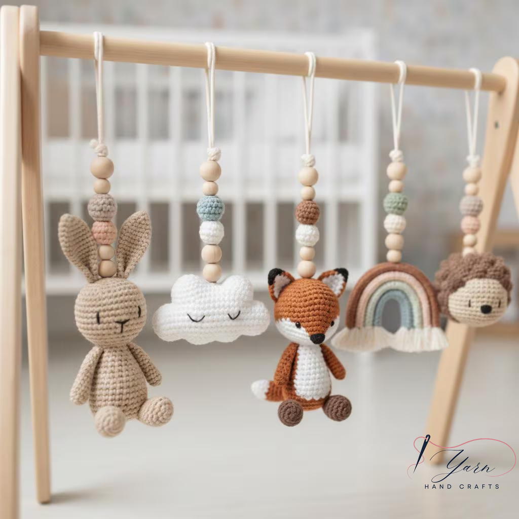 Handmade Custom Woodland Baby Gym with Crochet Forest Animals | Personalized Wooden Montessori Play Gym | Neutral Nursery Baby Shower Gift