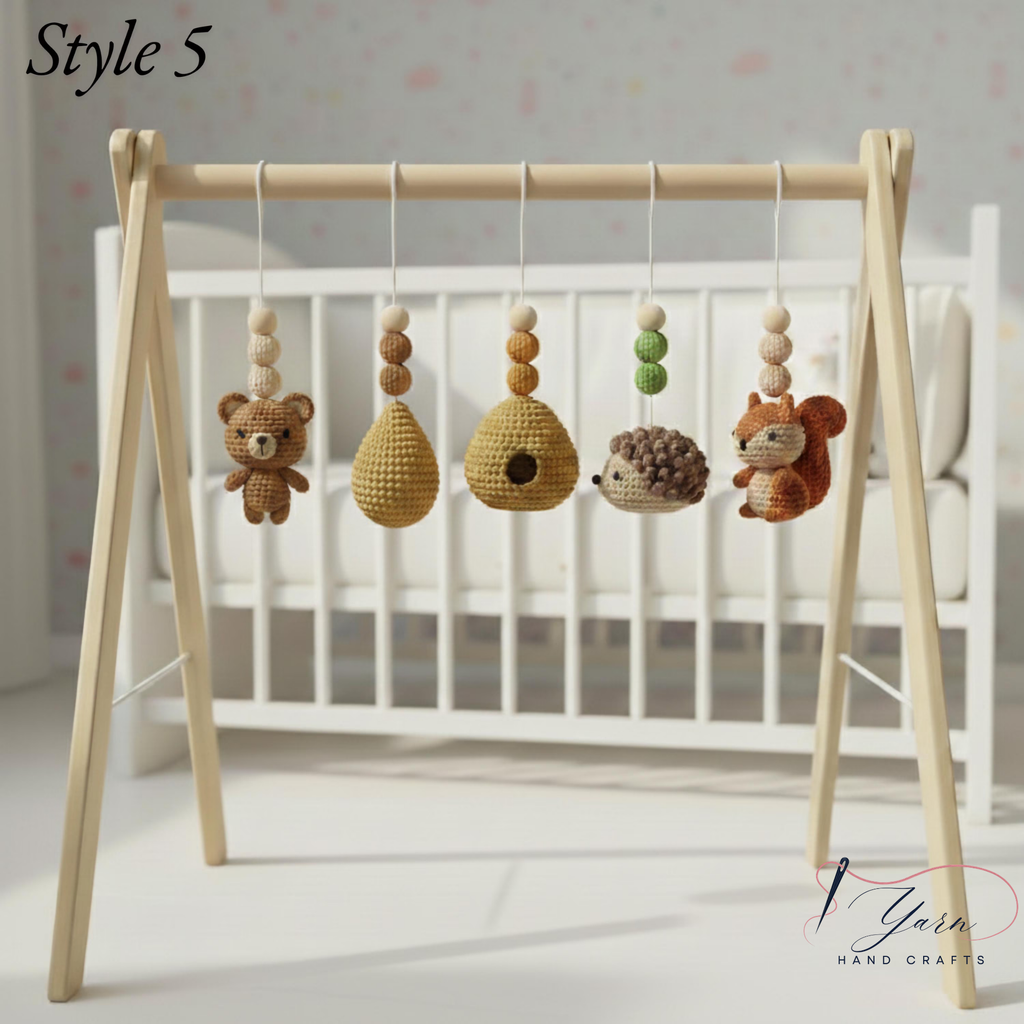 Handmade Custom Woodland Baby Gym with Crochet Forest Animals | Personalized Wooden Montessori Play Gym | Neutral Nursery Baby Shower Gift