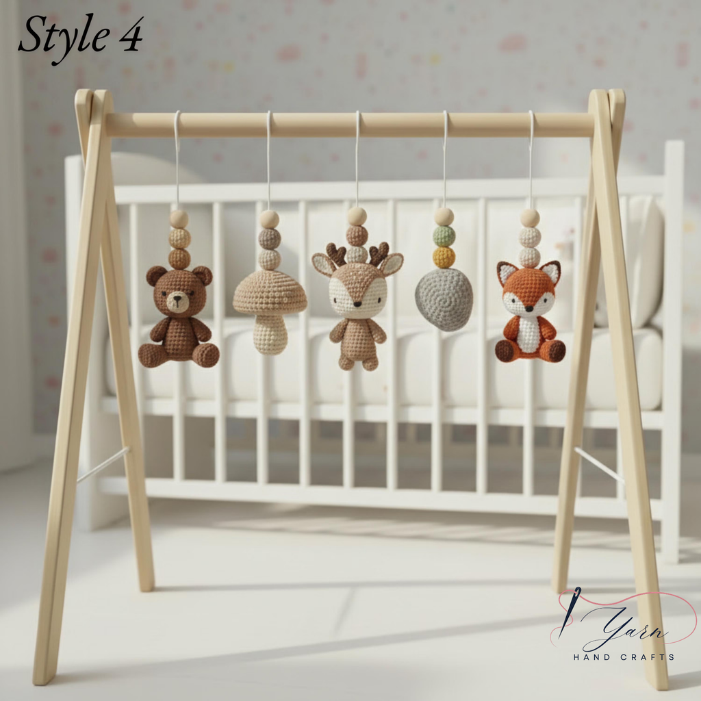 Handmade Custom Woodland Baby Gym with Crochet Forest Animals | Personalized Wooden Montessori Play Gym | Neutral Nursery Baby Shower Gift