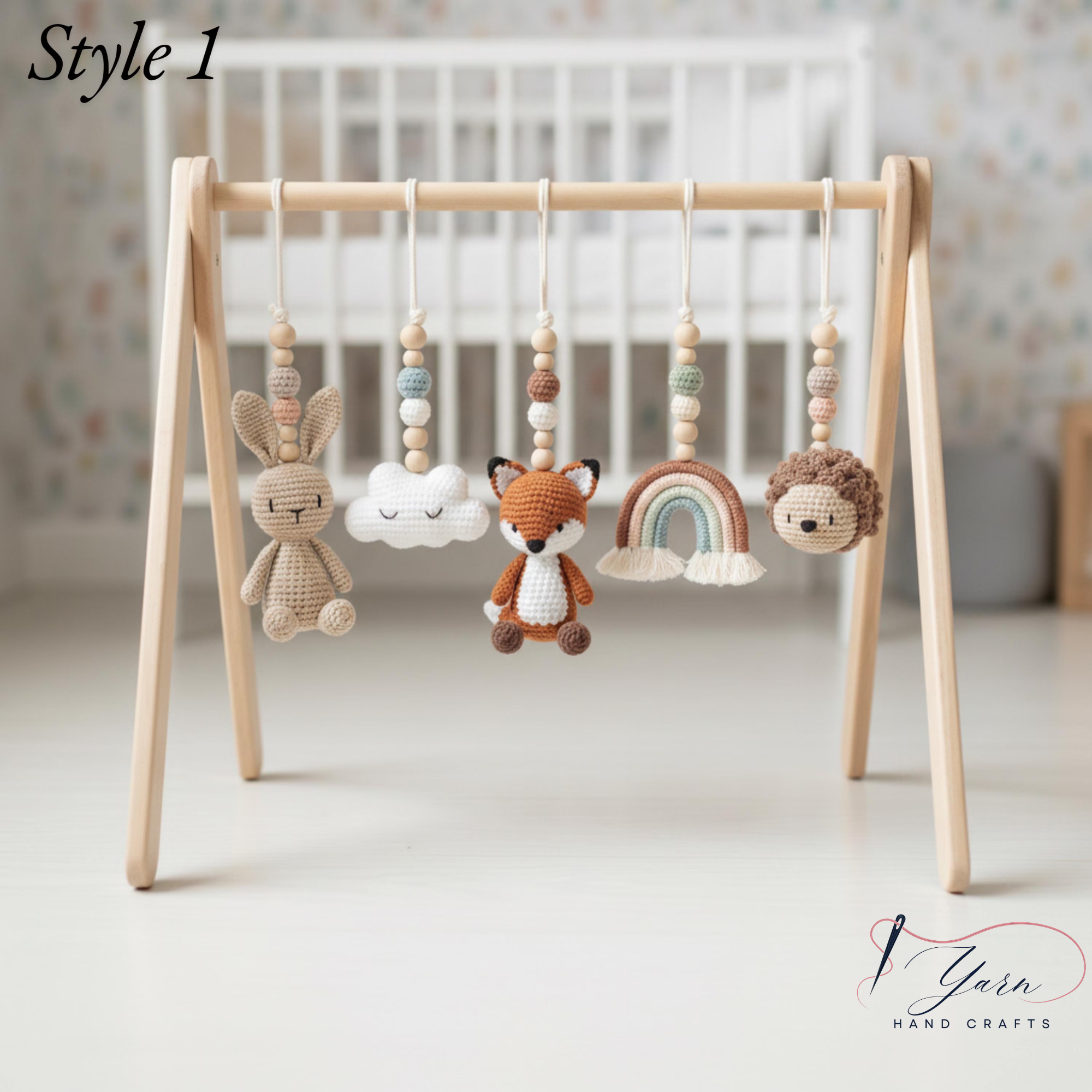 Handmade Custom Woodland Baby Gym with Crochet Forest Animals | Personalized Wooden Montessori Play Gym | Neutral Nursery Baby Shower Gift