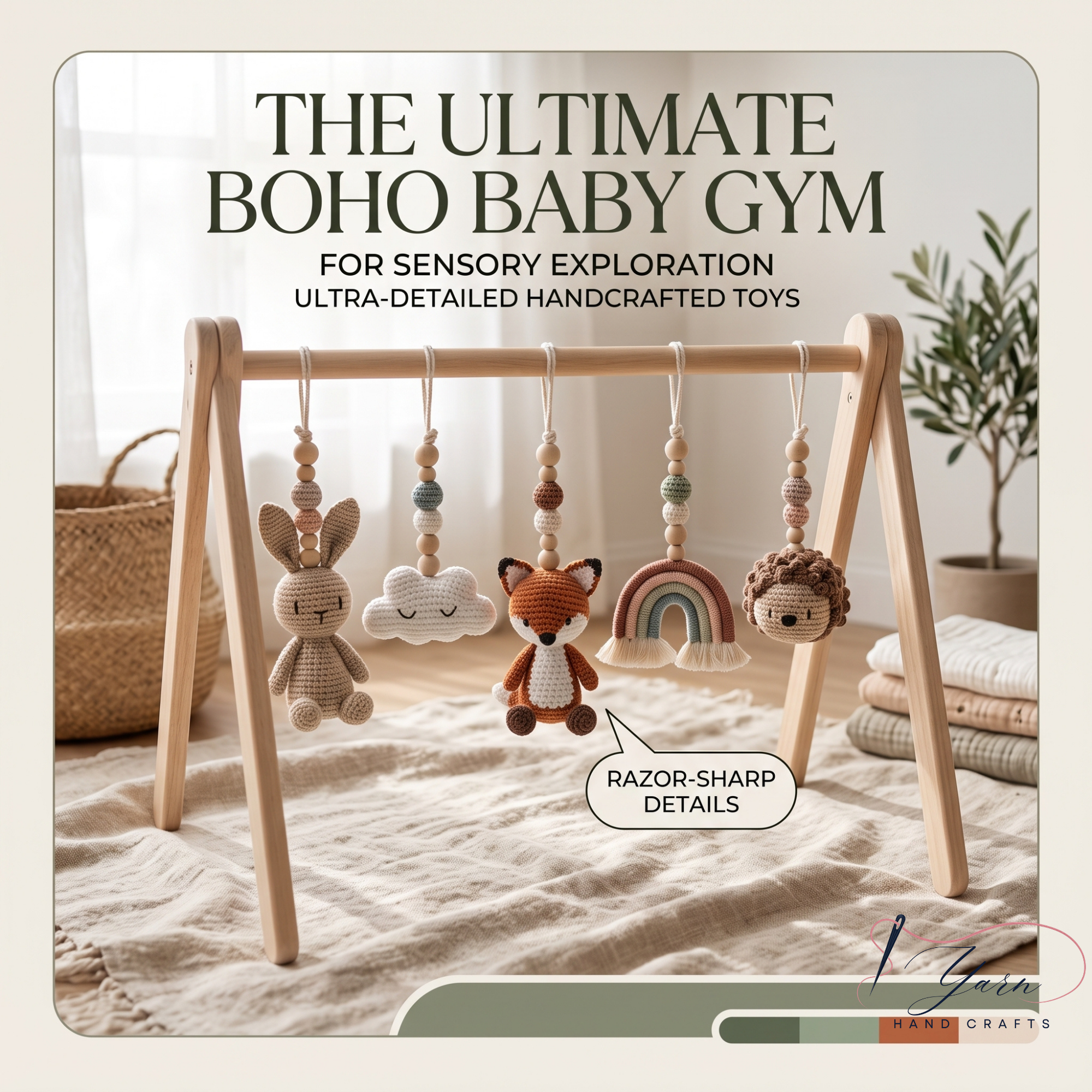 Handmade Custom Woodland Baby Gym with Crochet Forest Animals | Personalized Wooden Montessori Play Gym | Neutral Nursery Baby Shower Gift