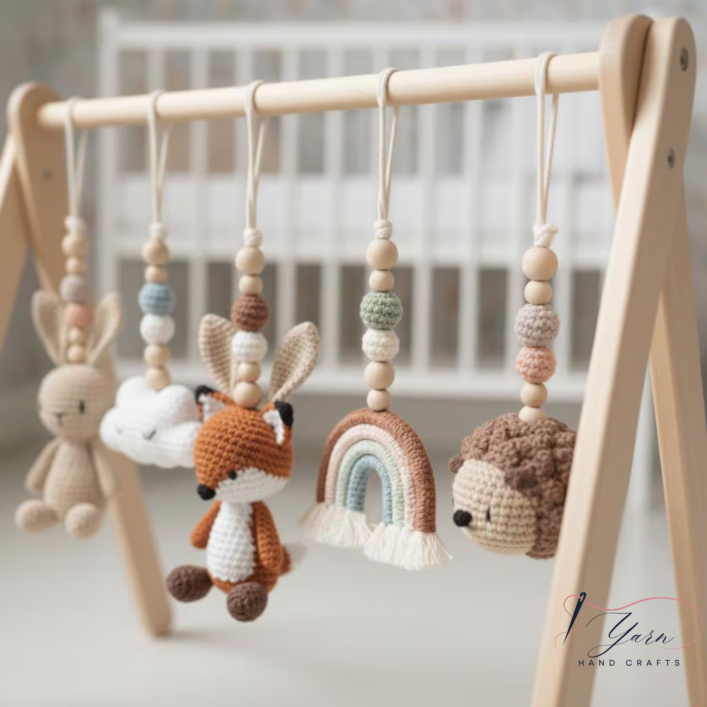 Handmade Custom Woodland Baby Gym with Crochet Forest Animals | Personalized Wooden Montessori Play Gym | Neutral Nursery Baby Shower Gift