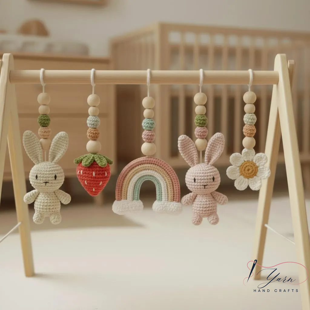 Handmade Custom Bunny Baby Play Gym, Crochet Rabbit Nursery Toys, Wooden Montessori Baby Gym, Neutral Baby Activity Center, Baby Shower Gift