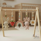 Handmade Custom Bunny Baby Play Gym, Crochet Rabbit Nursery Toys, Wooden Montessori Baby Gym, Neutral Baby Activity Center, Baby Shower Gift