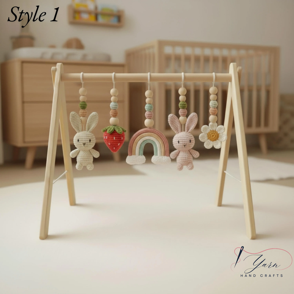 Handmade Custom Bunny Baby Play Gym, Crochet Rabbit Nursery Toys, Wooden Montessori Baby Gym, Neutral Baby Activity Center, Baby Shower Gift