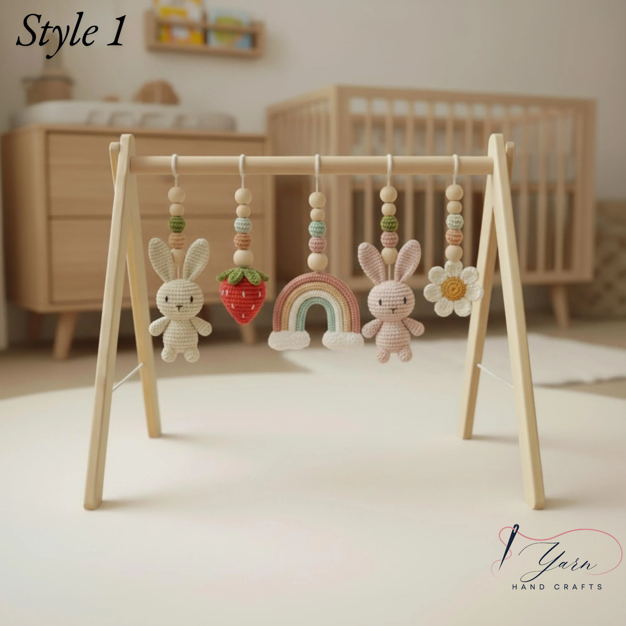 Handmade Custom Bunny Baby Play Gym, Crochet Rabbit Nursery Toys, Wooden Montessori Baby Gym, Neutral Baby Activity Center, Baby Shower Gift