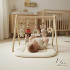 Handmade Custom Bunny Baby Play Gym, Crochet Rabbit Nursery Toys, Wooden Montessori Baby Gym, Neutral Baby Activity Center, Baby Shower Gift