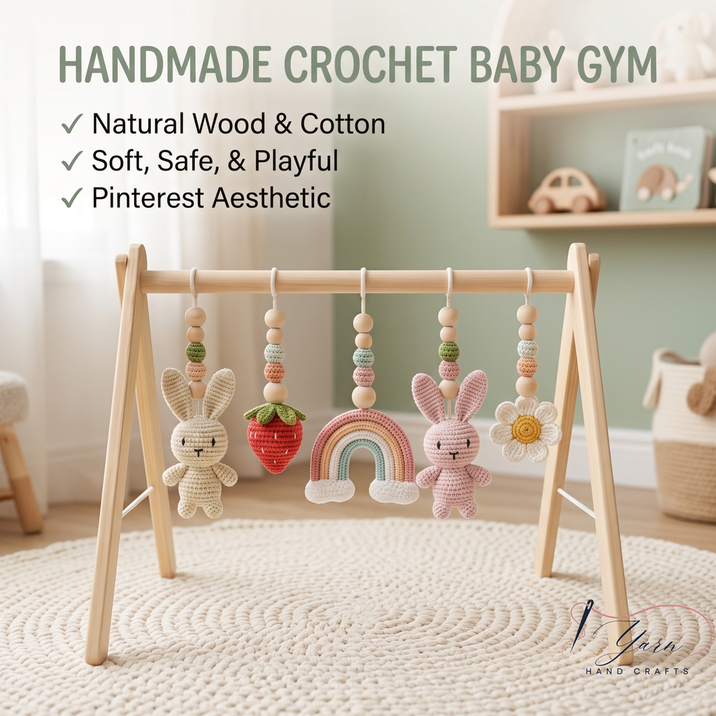 Handmade Custom Bunny Baby Play Gym, Crochet Rabbit Nursery Toys, Wooden Montessori Baby Gym, Neutral Baby Activity Center, Baby Shower Gift