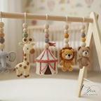 Handmade Safari Circus Baby Play Gym Toys, Custom Crochet Baby Gym Hanging Toys, Montessori Wooden Baby Gym Set, Neutral Nursery Decor, Baby Shower Gift