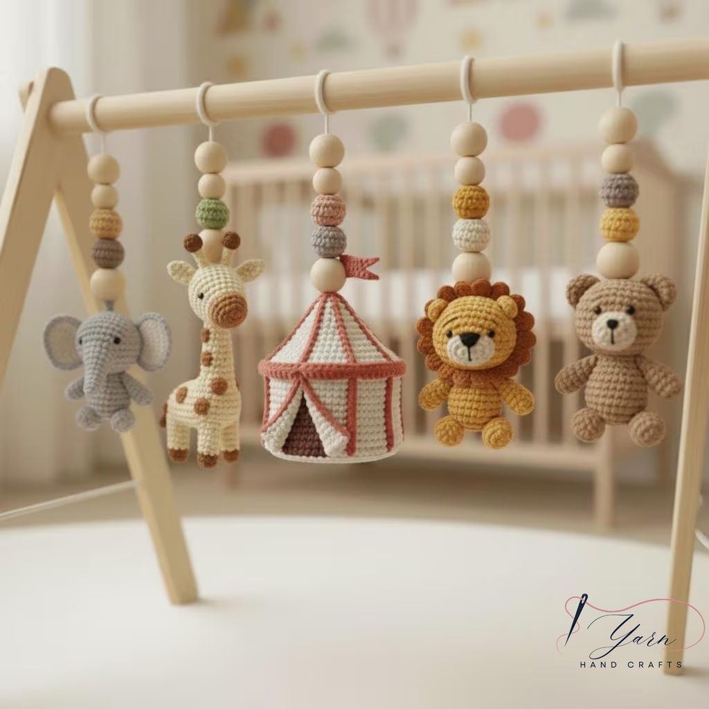 Handmade Safari Circus Baby Play Gym Toys, Custom Crochet Baby Gym Hanging Toys, Montessori Wooden Baby Gym Set, Neutral Nursery Decor, Baby Shower Gift