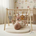 Handmade Safari Circus Baby Play Gym Toys, Custom Crochet Baby Gym Hanging Toys, Montessori Wooden Baby Gym Set, Neutral Nursery Decor, Baby Shower Gift