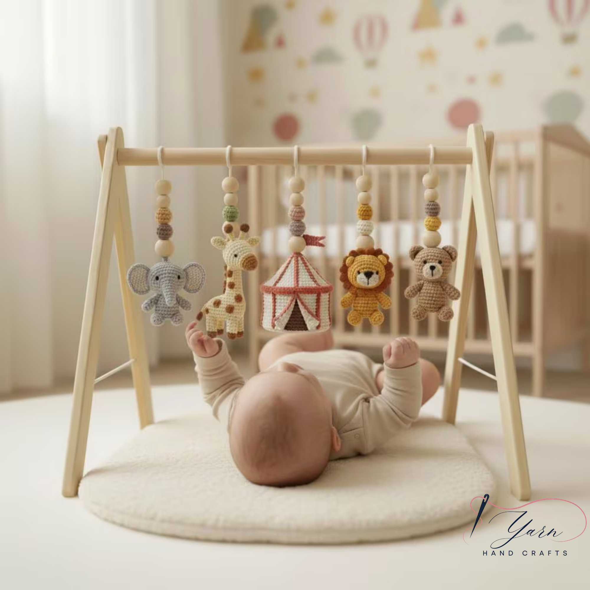 Handmade Safari Circus Baby Play Gym Toys, Custom Crochet Baby Gym Hanging Toys, Montessori Wooden Baby Gym Set, Neutral Nursery Decor, Baby Shower Gift
