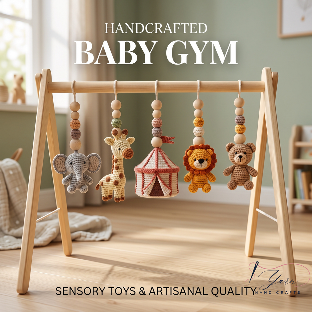 Handmade Safari Circus Baby Play Gym Toys, Custom Crochet Baby Gym Hanging Toys, Montessori Wooden Baby Gym Set, Neutral Nursery Decor, Baby Shower Gift